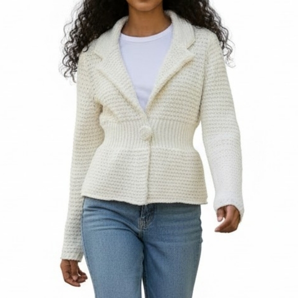 White House Black Market Sweaters - WHBM Knit Cardigan Blazer Size S Cream Fitted Crochet Covered Snap Long Sleeve